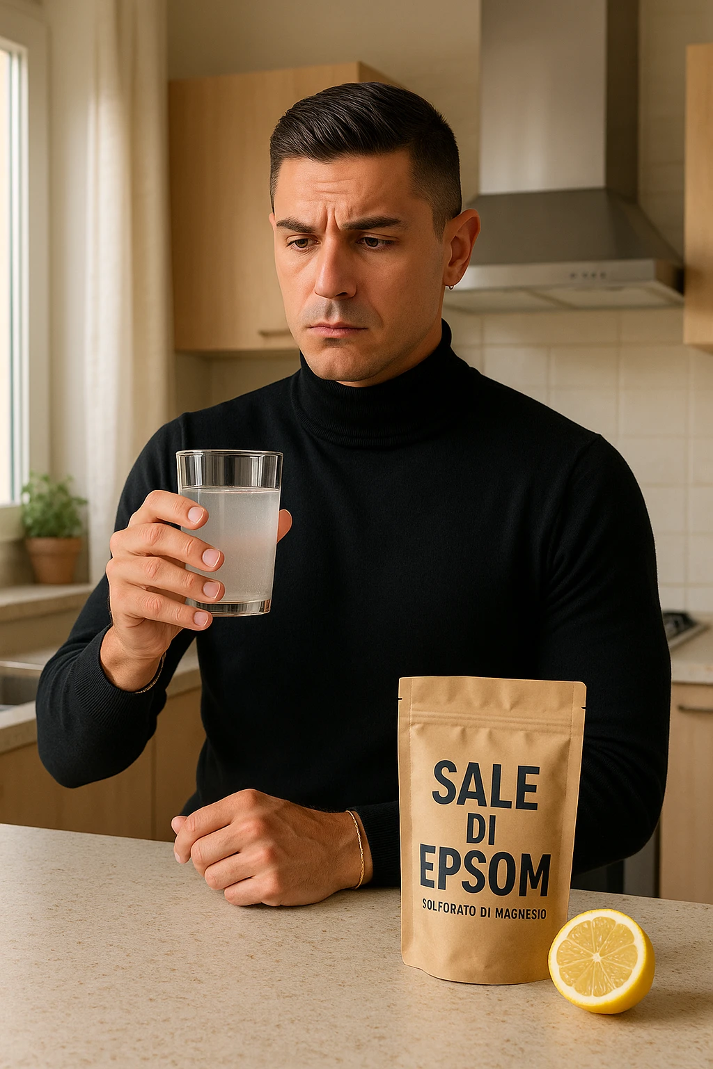 A realistic, bright photo-style image of a young man in his 30s standing in his kitchen, holding a clear glass filled with water in which Epsom salt (magnesium sulfate) has been dissolved. He looks focused but slightly uncertain as he prepares to drink it for a liver flush or digestive cleanse. The glass shows slight cloudiness from the dissolved salt. On the counter are a packet labeled 'Sale di Epsom' and a sliced lemon, suggesting he might use it to mask the taste. The setting is clean, natural, and bright with neutral tones. The background shows sunlight streaming through a window, emphasizing a clean, minimalist health-focused environment. The mood conveys a realistic, calm moment of self-care with a hint of discomfort, illustrating a natural detox practice in italiano emoji