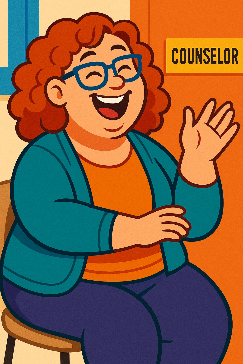 fun high school female counselor, curly red shoulder-length hair, blue glasses, overweight, laughing, friendly vibe, casual clothes emoji