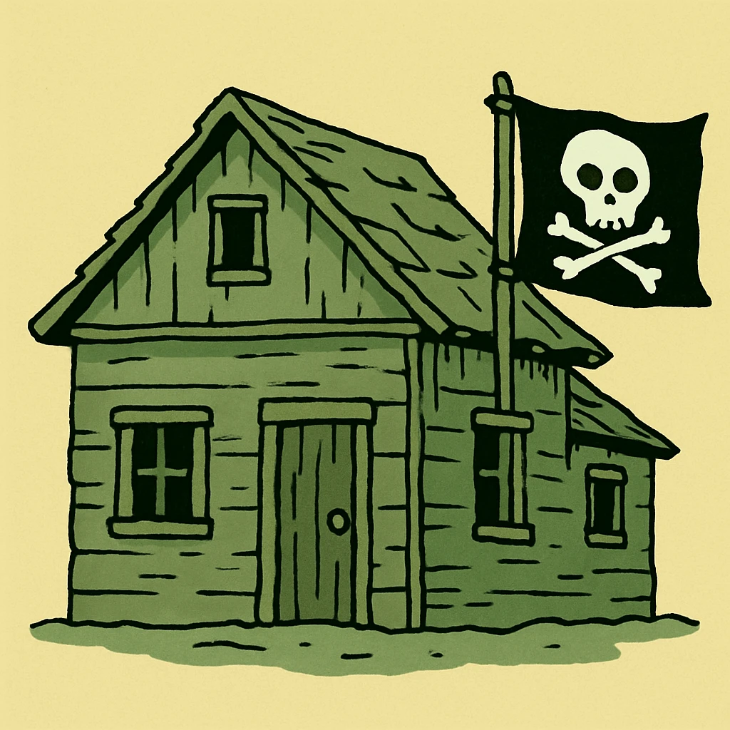 old pirate's house with skull flag emoji