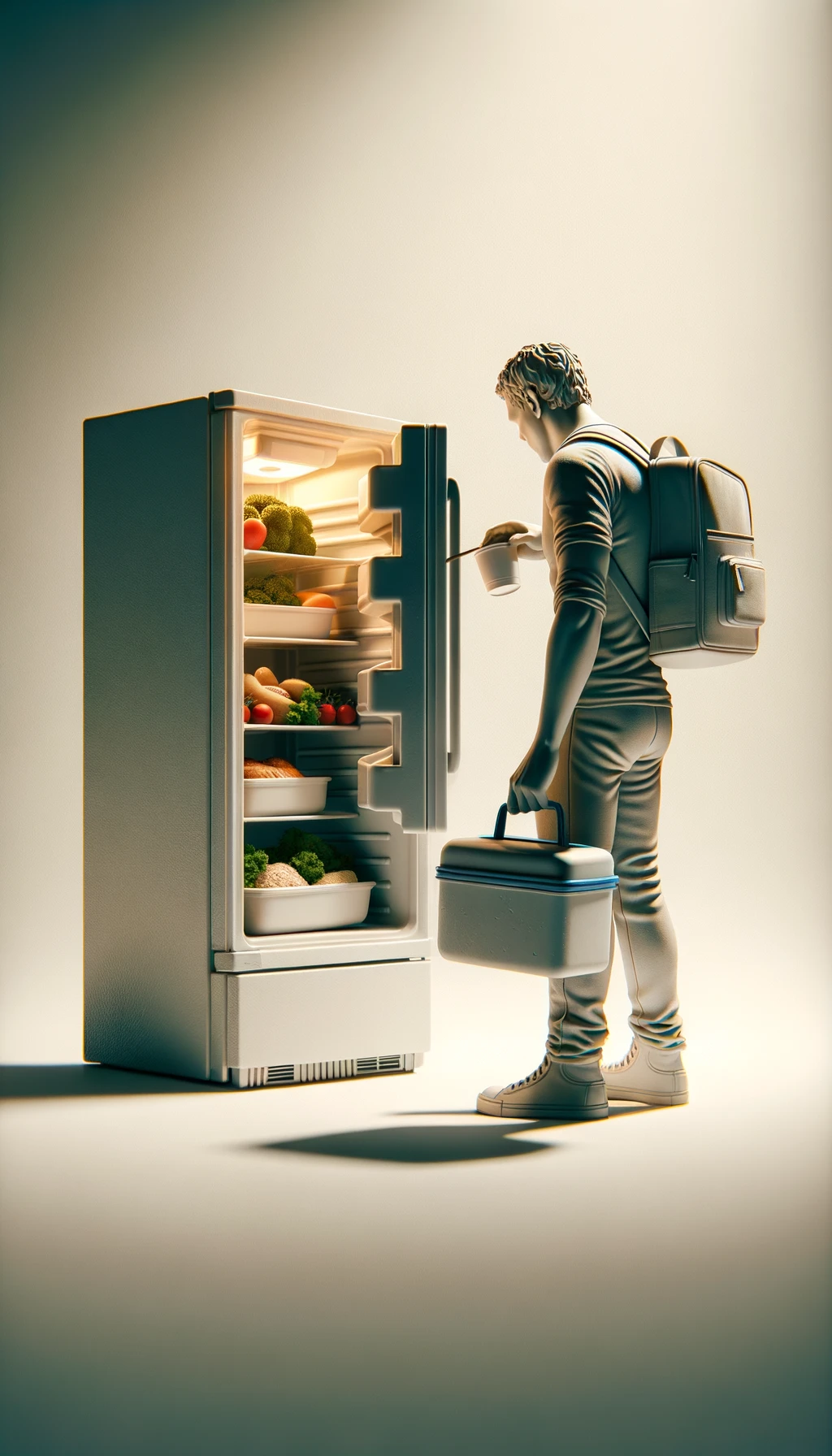 corpo umano di spalle che mette una schiscetta con del cibo già cotto in frigo, sfondo neutro chiaro emoji