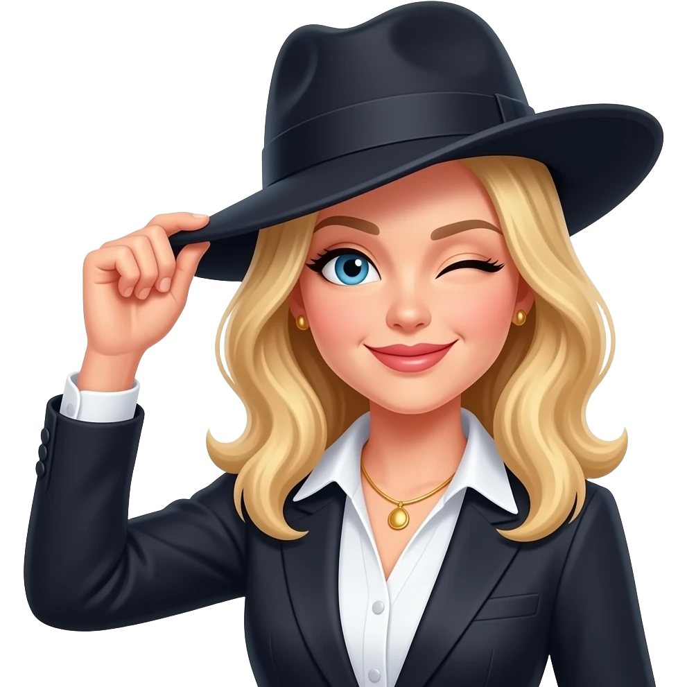 blond woman tipping hat and winking wearing sophisticated woman's clothes emoji