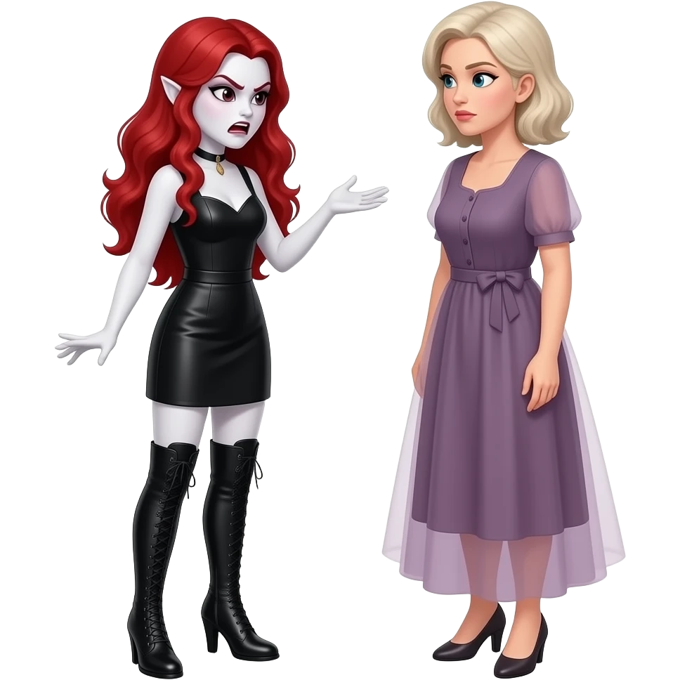 Vampiro femmina adolescente con pelle bianca che indossa un tubino nero e degli stivali lunghi neri con tacco i capelli lunghi ondulati rossi che parla ARRABBIATA con la madre adulta e  si guardano negli occhi emoji