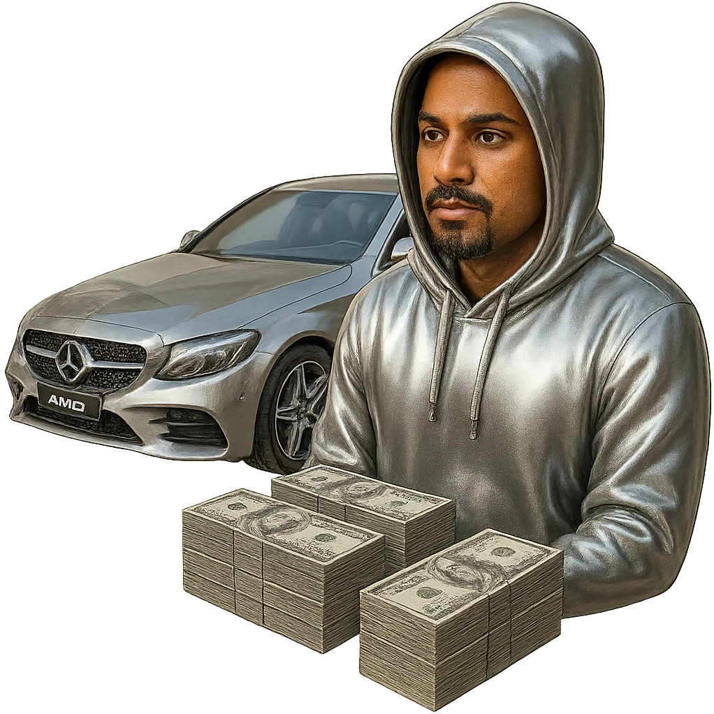 Make only the Indian man's hoodie chrome, keeping his skin and face natural. Add a goatee to the man. Include money on the side and a chrome AMG car in the scene. Keep the background transparent. emoji