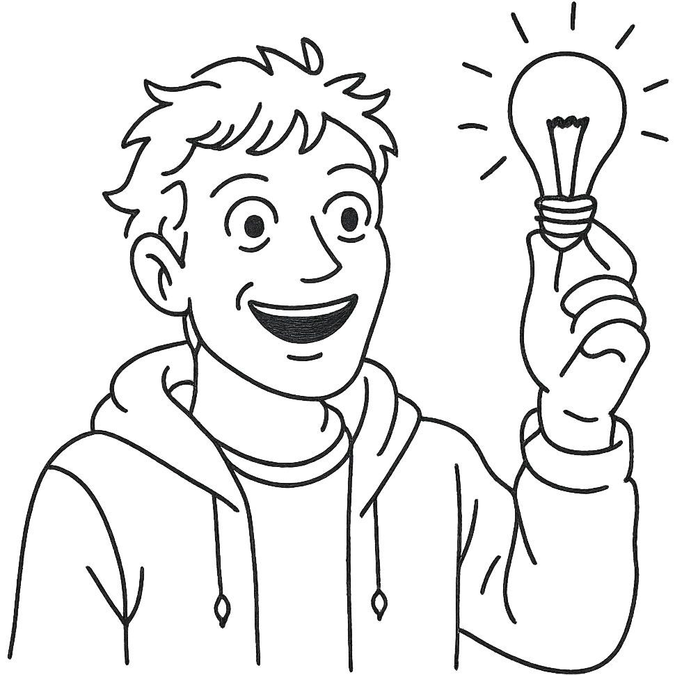 bright and expressive male visionary, fair skin, tousled golden hair, wide joyful eyes, wearing a green hoodie over a yellow tee, one hand raised with a glowing lightbulb, waist-up, front-facing emoji