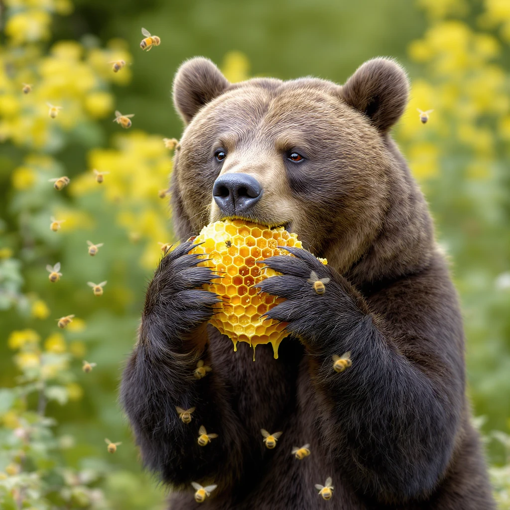 bear eating honeycomb with bees flying around emoji