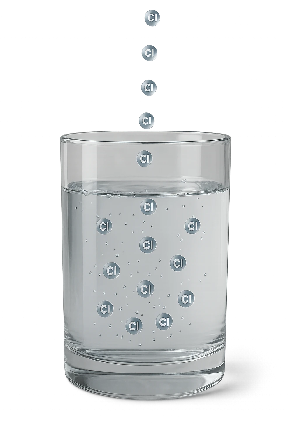 un bicchiere di acqua fluttua in aria realistico e dettagliato, dentro l'acqua del bicchiere ci sono particelle di cloro ben visibili con la scritta "Cl" sopra, ci sono particelle anche che escono dal bicchiere e fluttuan
o in aria verticalmente, mentre alcune sono all'interno dell'acqua nel bicchiere, iperrealistico 4k emoji