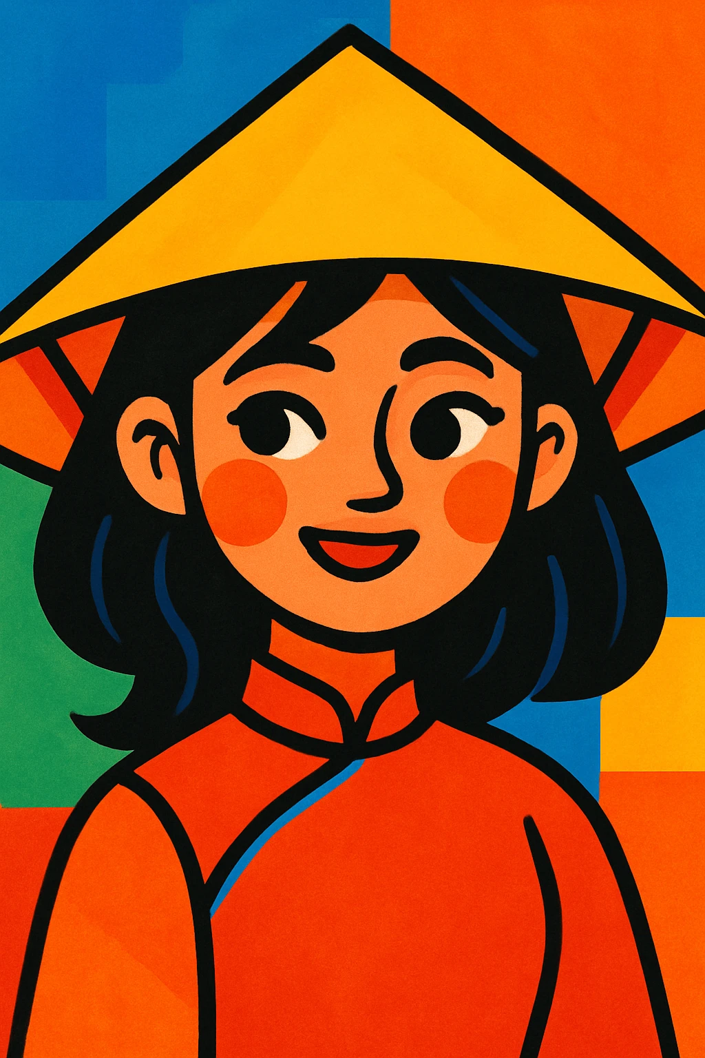 portrait of a Vietnamese girl, vibrant cartoon style, colorful, lively, expressive emoji