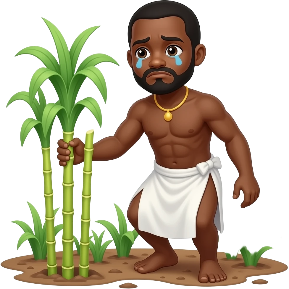 black slave with sad face standing wearing only a white bottom cultivating sugar cane emoji