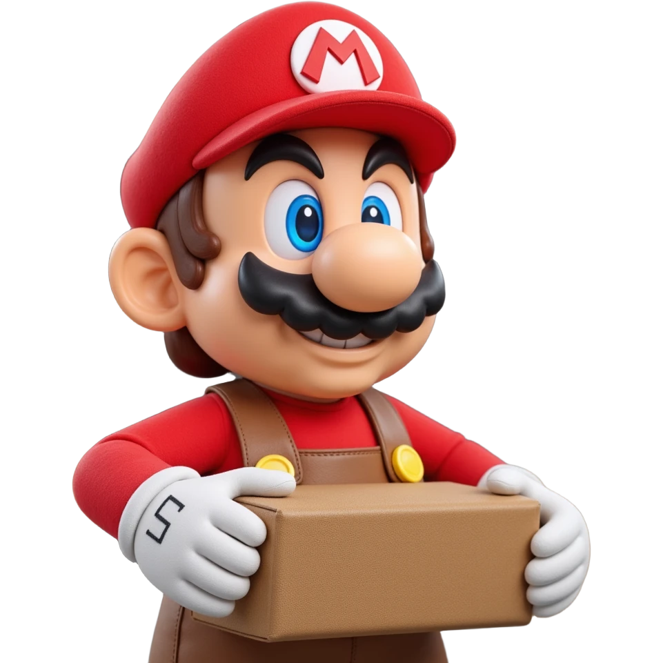 a worker in factoryA 3D-rendered head of a character inspired by Super Mario, facing slightly from front-left to right. The head should include his signature red cap with an ‘M’, large round nose, thick mustach emoji
