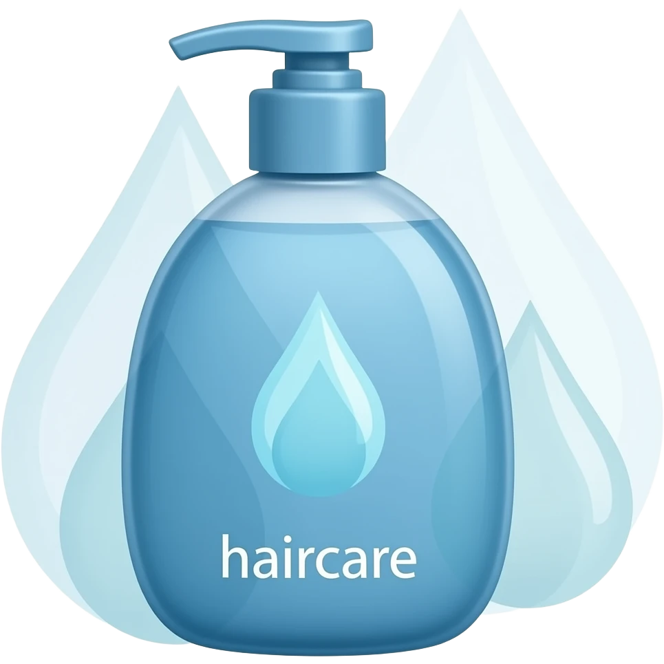 Shampoo com cuidados com a o cabelo azul com uma estampa com um 💦 e escrito: haircare emoji