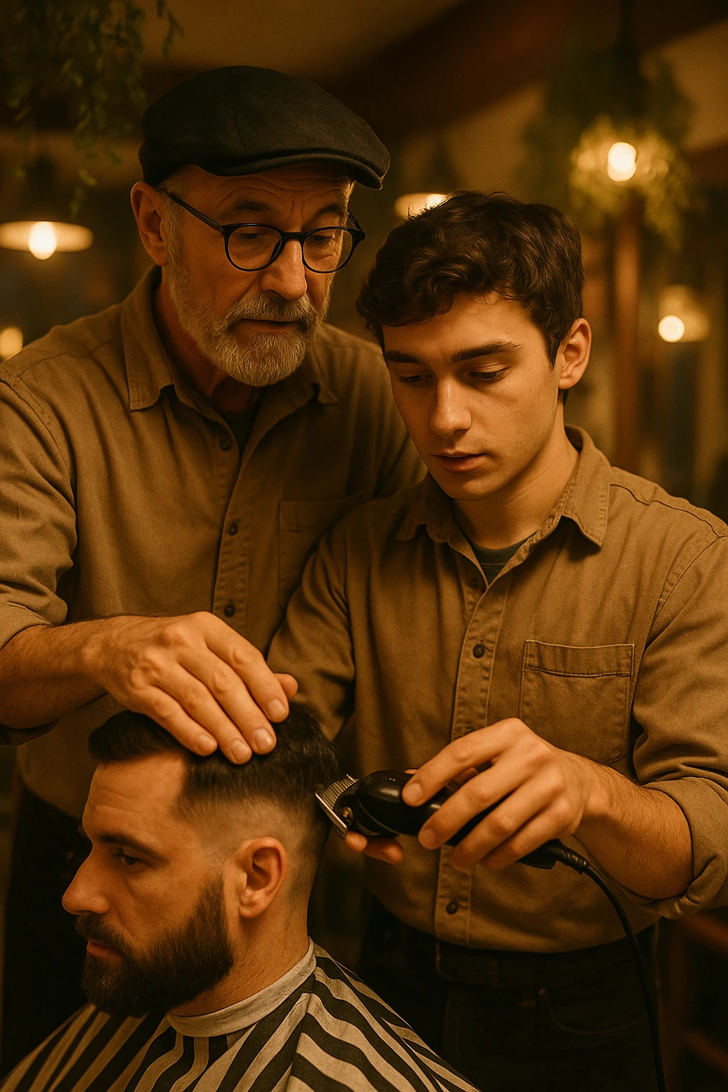 Inside a cozy barbershop with soft lighting, an experienced barber gently teaches his apprentice, guiding his hands as they cut hair together. The room is filled with warmth, plants hanging from the ceiling, and the hum of clippers emoji