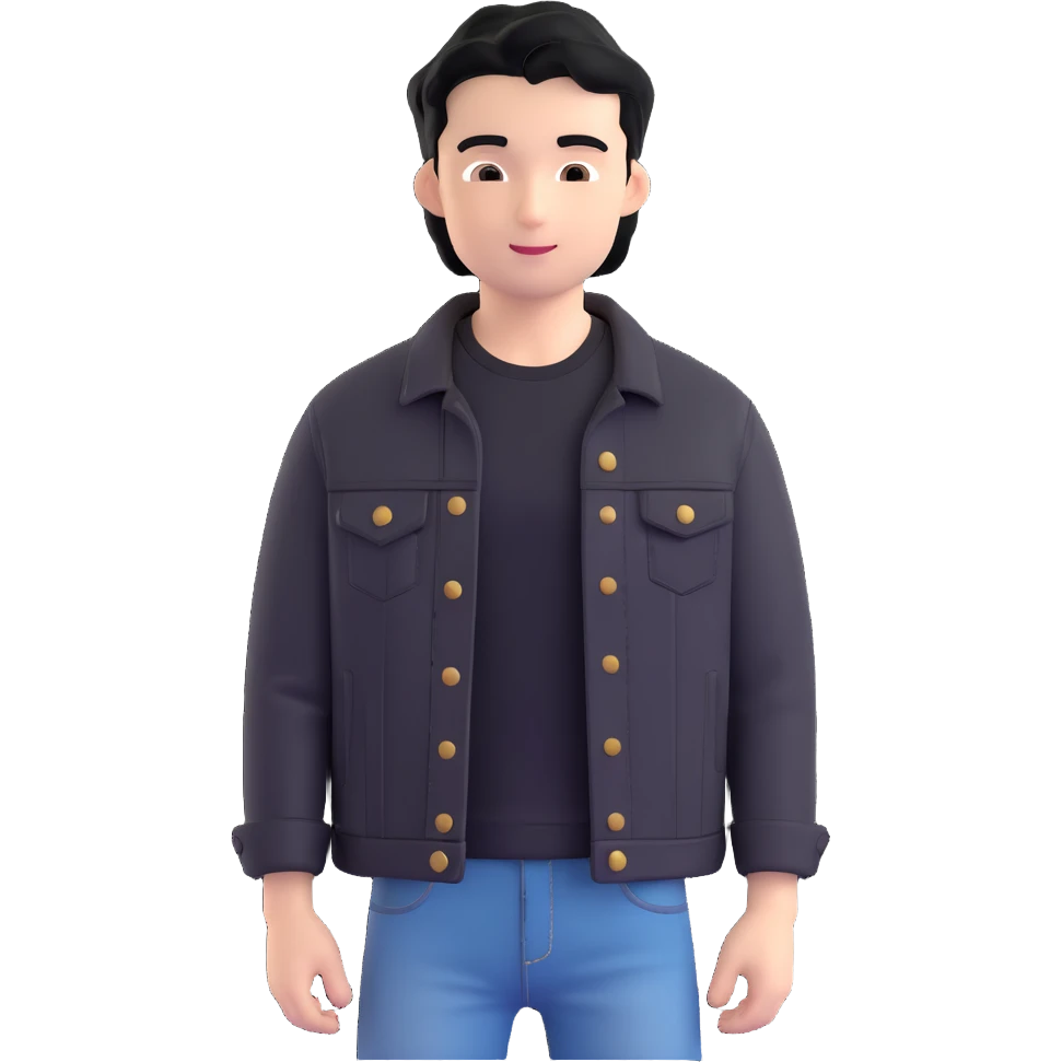 3D emoji Microsoft style, young man with black hair, wearing black t-shirt and black denim jacket, based on photo reference, slight smile emoji
