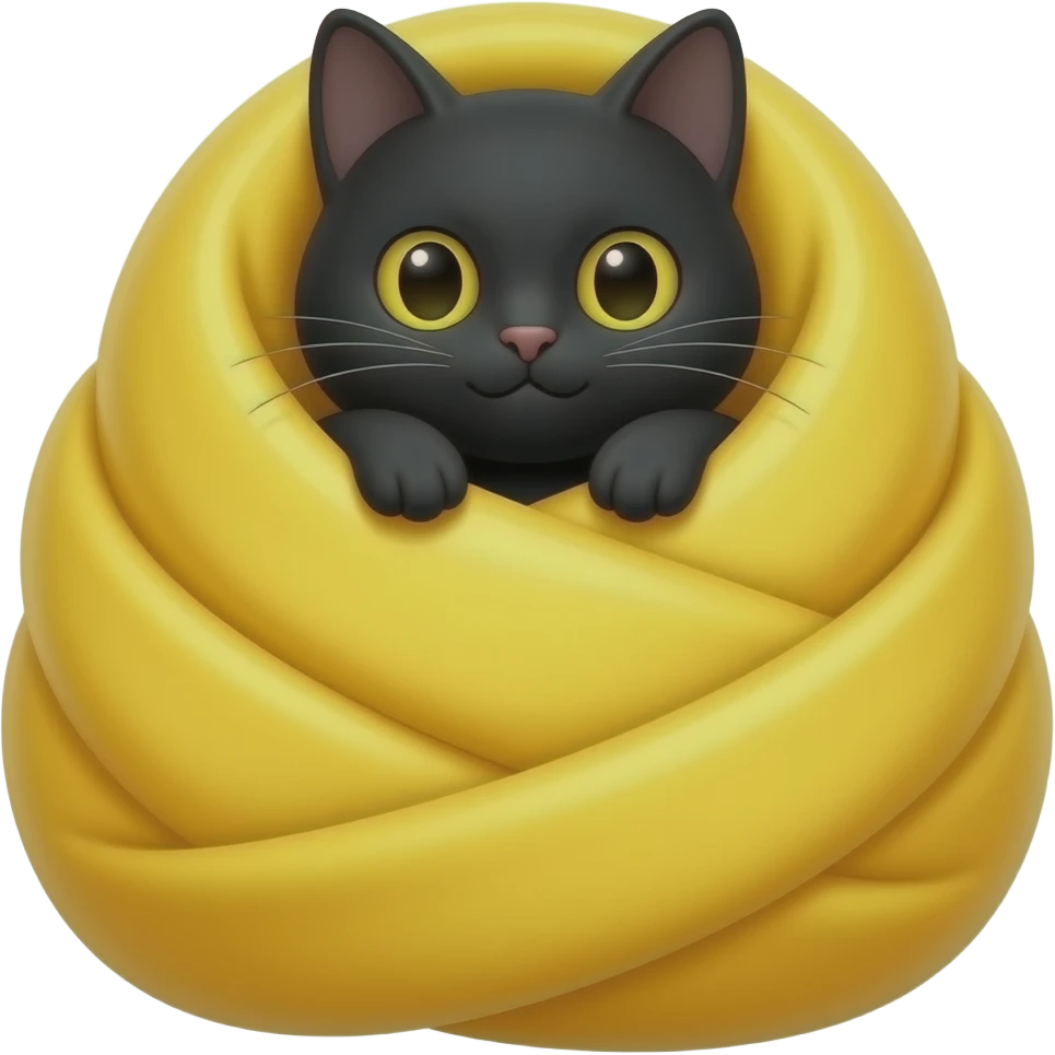 black cat happy wrapped up completely in a large yellow slik and large wrappings cocoon emoji