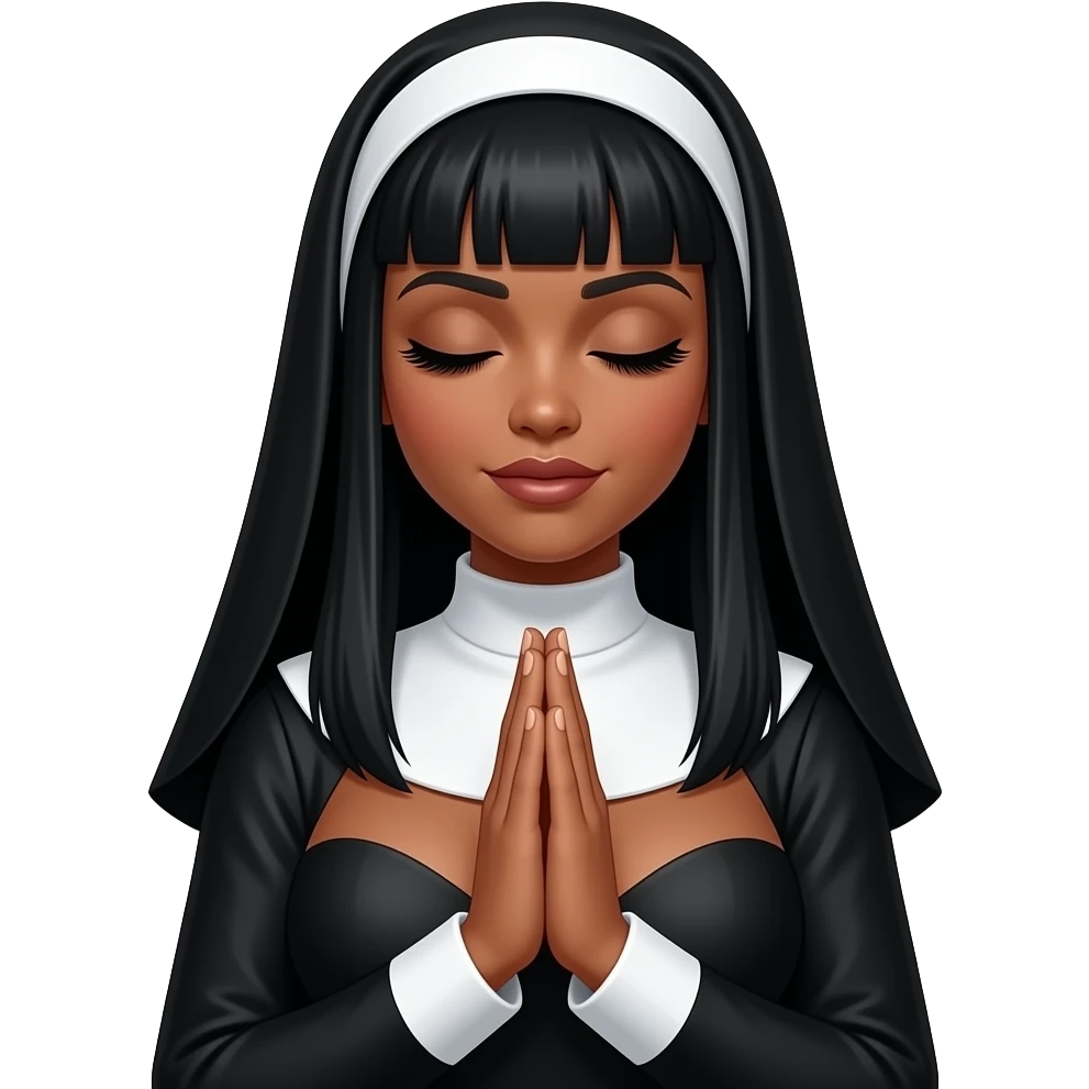 Tan skin Women in sexy nun outfit with long black hair, straight across bangs dark eyebrows, curvy chest, eyes closed and long eyelashes praying emoji