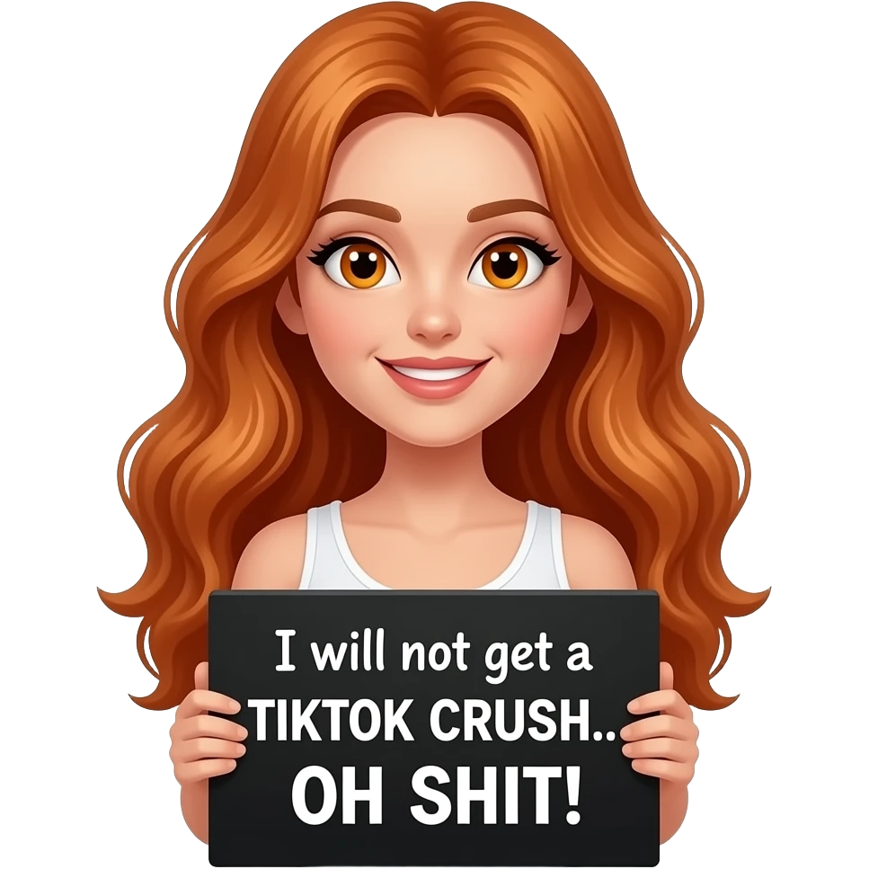 sexy girl with long wavy ginger hair and ginger eyes wearing a white tanktop is holding a black colored sign with I will not get a TIKTOK CRUSH... OH SHIT! written on it emoji