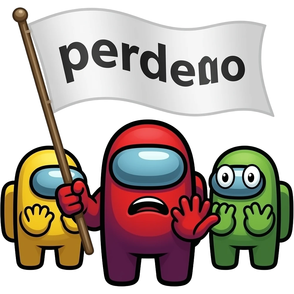 Among us tripulante matando o impostor é os outros tripulantes chocados é surpresos com uma bandeira branca escrita perdemo emoji