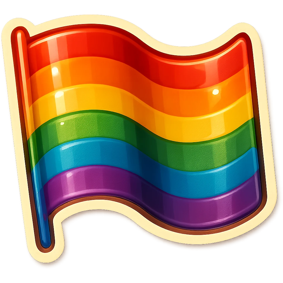 gay pride rainbow flag, waving, vibrant colors, retro sticker style emoji