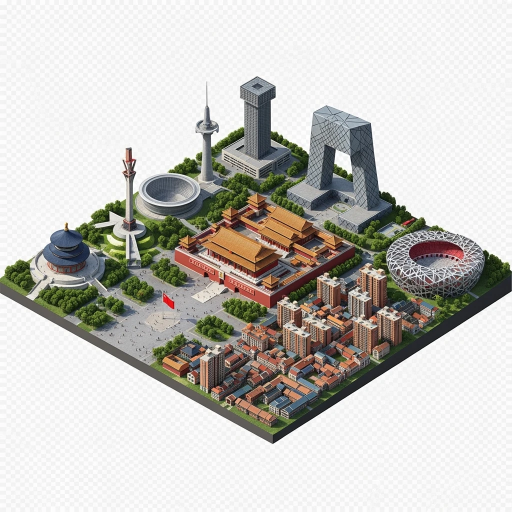 Isometric miniature of Beijing Forbidden City, Tiananmen Square, CCTV Headquarters, Temple of Heaven, China Zun Bird’s Nest Stadium and crowded hutong alleys, apartment blocks, 3D miniature effect and Tilt Shift effect, no cartoonish look, transparent background, don't cut angles emoji
