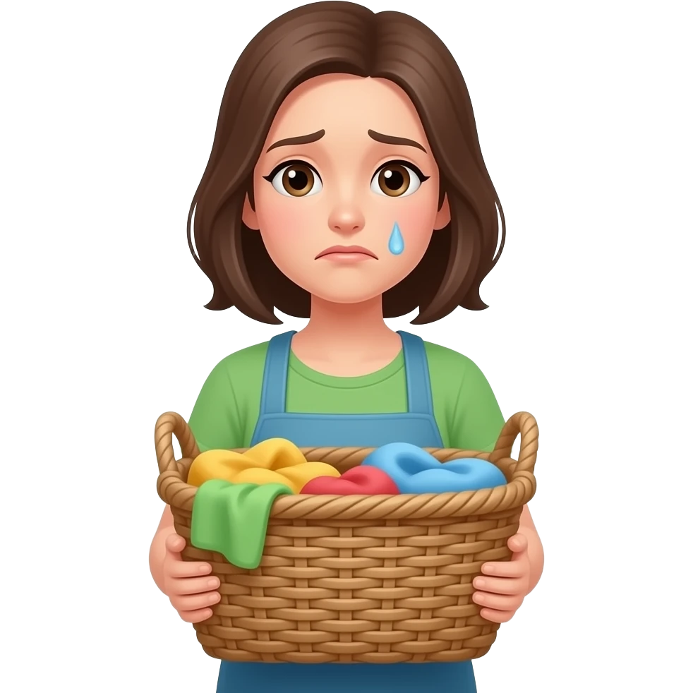 woman holding laundry basket, tired expression, subtle fatigue but still composed, minimalist flat illustration, pastel palette, consistent style, same character design, no background emoji