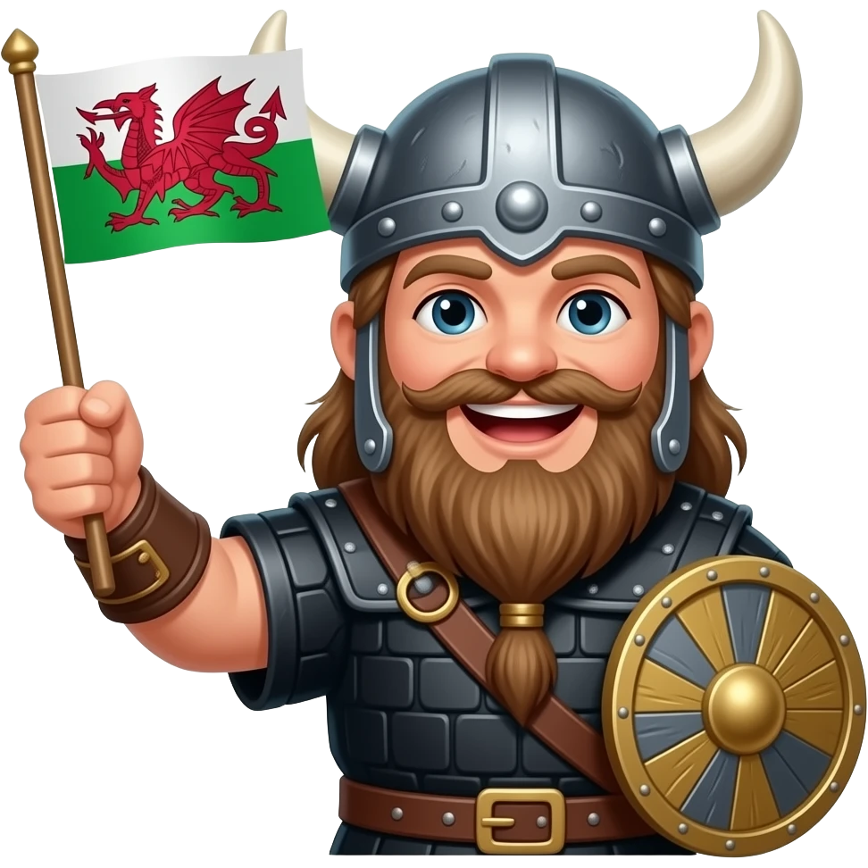 viking with black costume,wings on  helmet , beard, and holding a welsh flag, laughing emoji