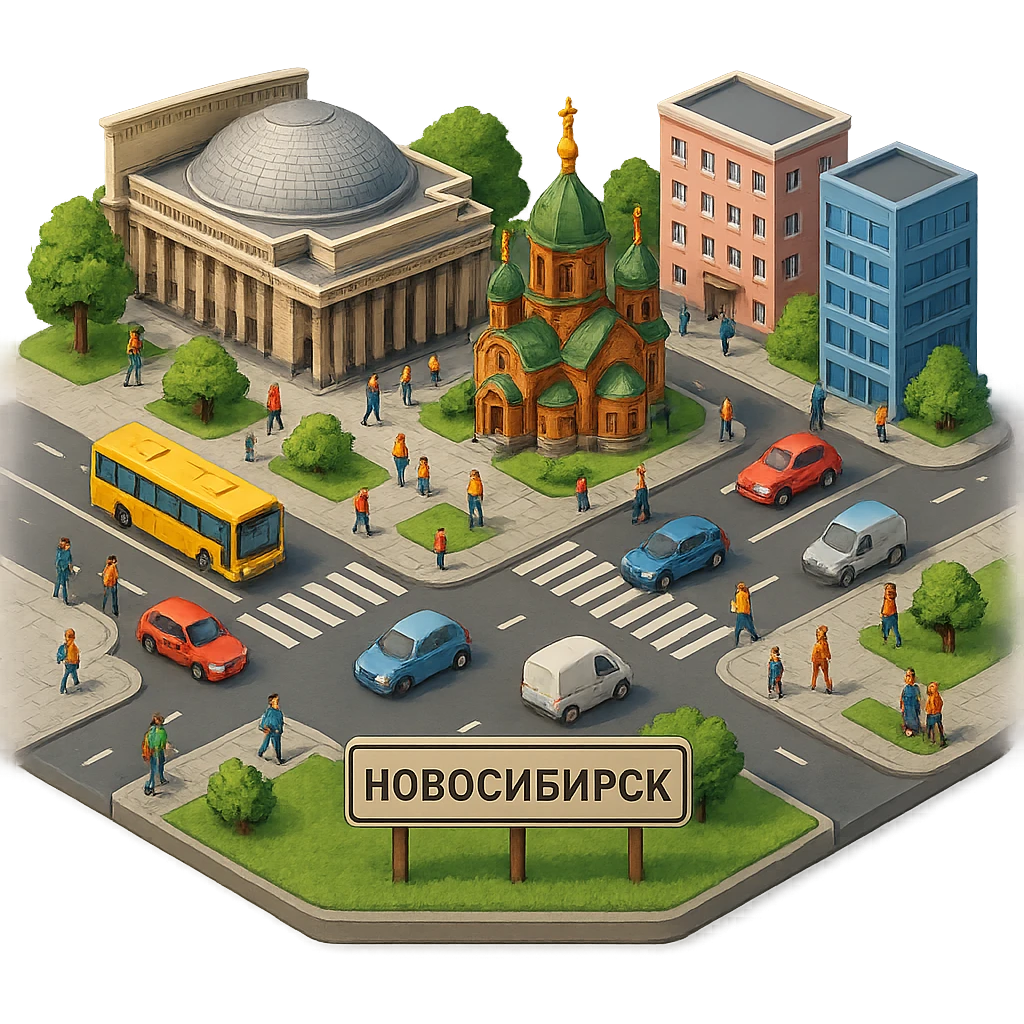 Изометричная миниатюрная фотореалистичная 3D модель Новосибирска, четкая детализация, яркие цвета, мультяшный реализм, люди, автотранспорт, компактная композиция, вид сверху в изометрии, прозрачный фон emoji