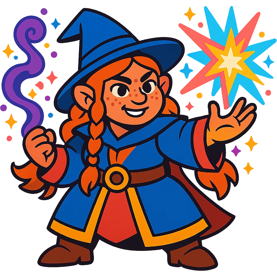 female dwarf sorcerer from DnD, vibrant magical effects emoji