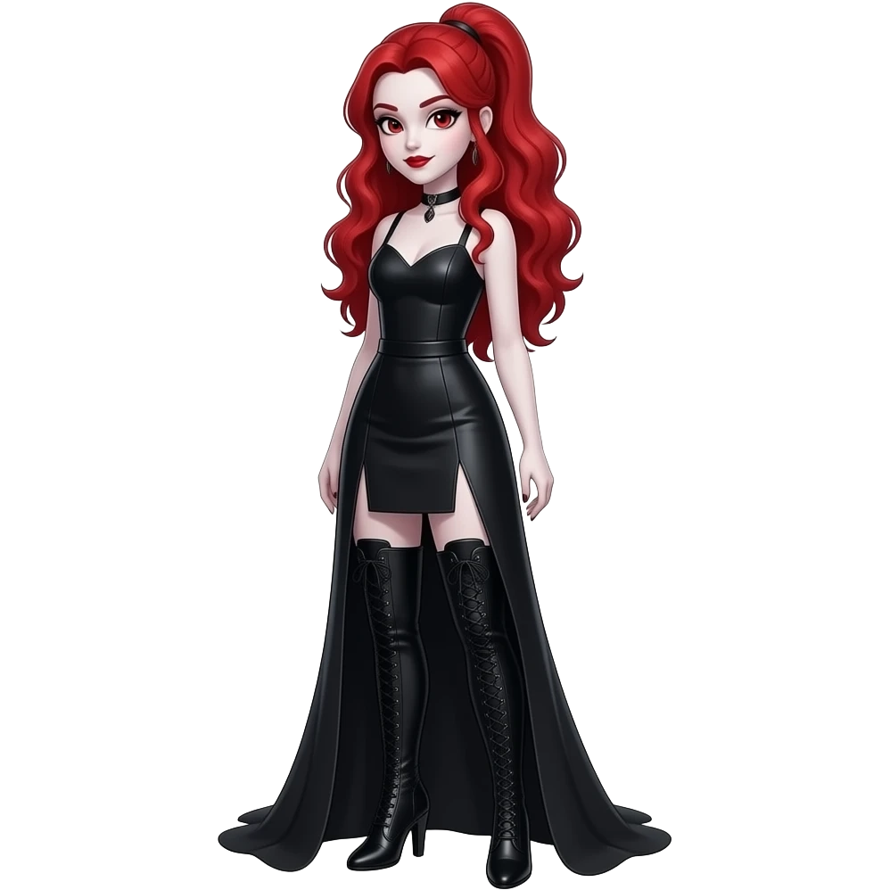 Vampiro femmina ADOLESCENTE con pelle bianca e capelli rosso ondulati lunghi raccolti in una mezza coda che indossa un vestito  lungo fino ai piedi nero e stivali lunghi con tacco neri emoji