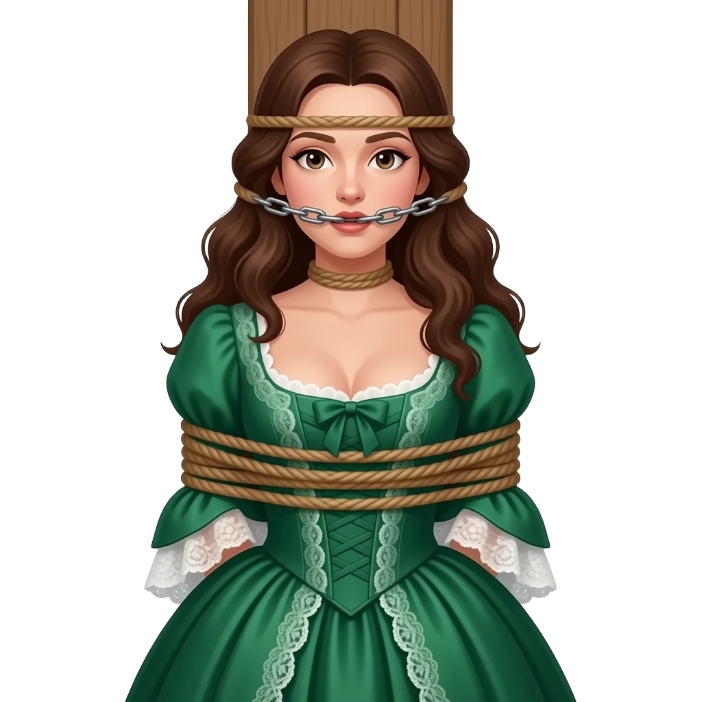 Brunette woman in emerald green 1770s gown with long flowing hair, ample bosom, gagged and bound to tall post, with lower rope tied just beneath bosom and another upper rope tied around her head at mouth level. Upper rope around mouth level only! No chainsin image! No cloth facemask in image! emoji