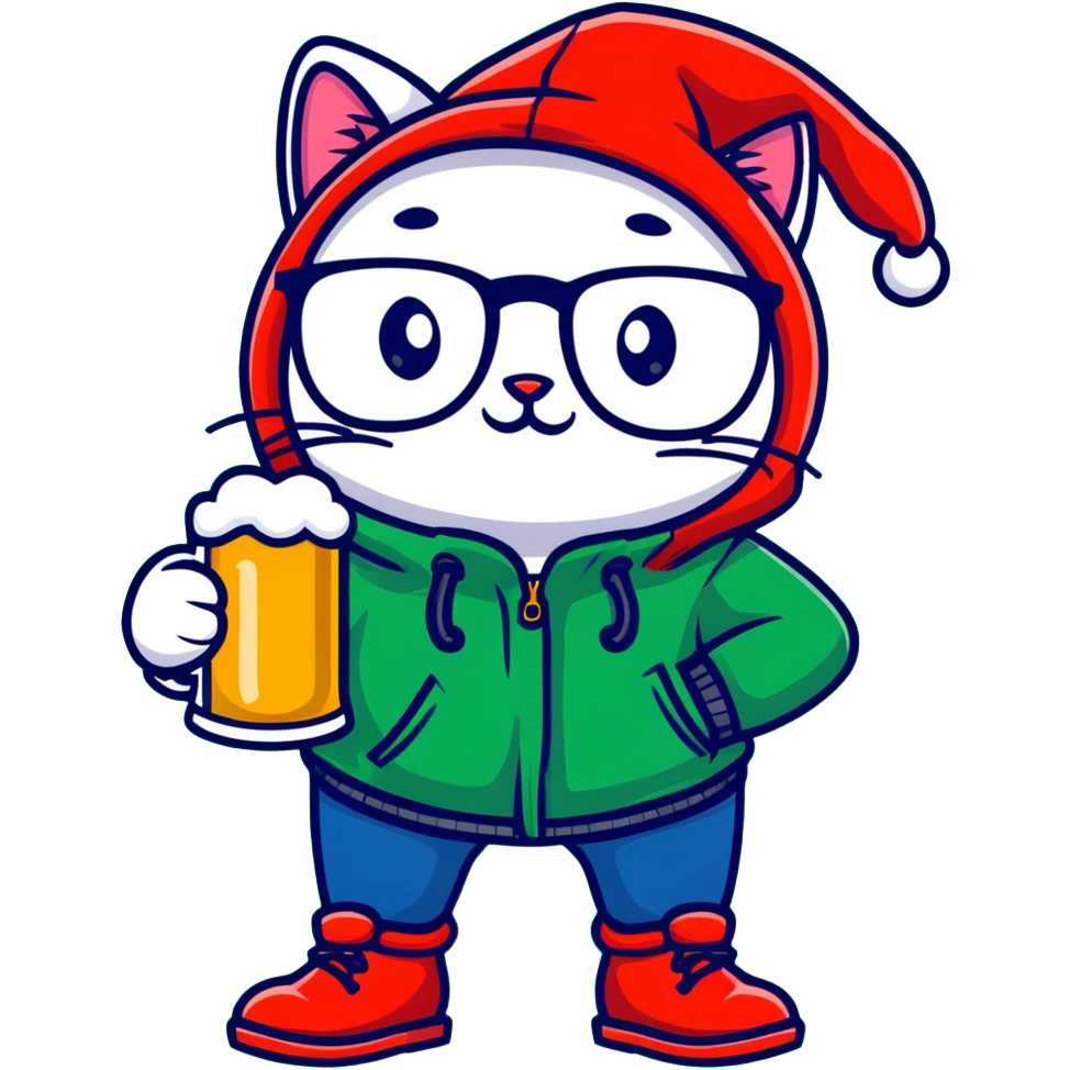 Catfish wearing a red hooded winter jacket, round glasses, blue jeans, red boots, holding a beer can with red label emoji