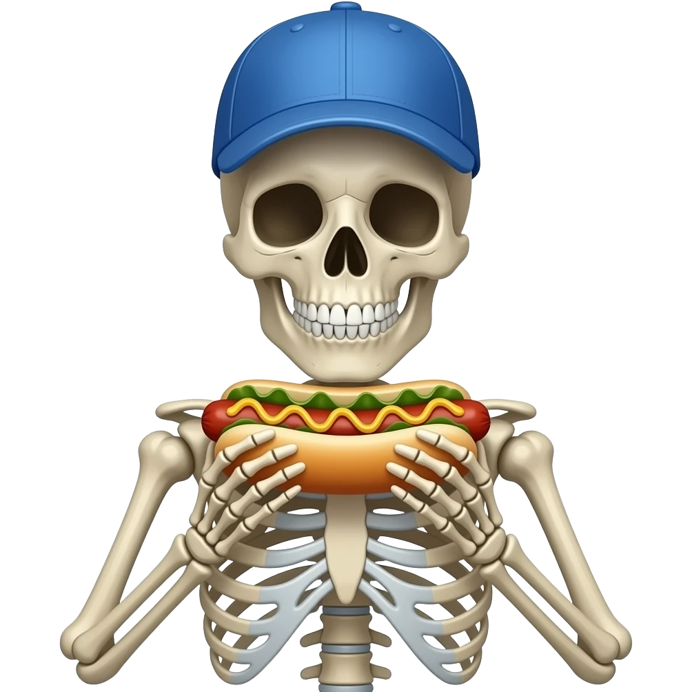 skeleton with half body face close up wear blue  cap  and hold hot dog in hands emoji