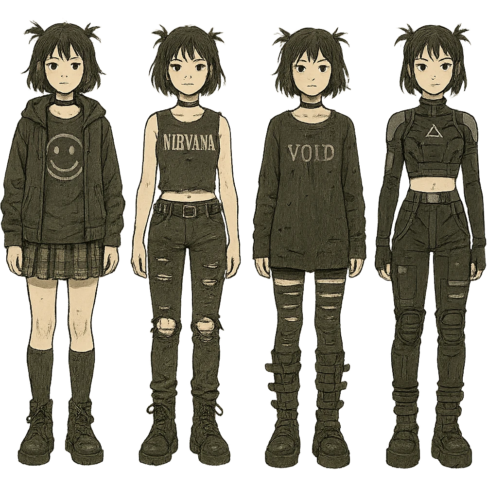 outfit designs for a VTUBER OC. The style is mixed 90's grunge, punk, lots of black and white in the color scheme, futuristic aesthetic. Clothing has small rips and tears from wear, logos and designs are faded. Garage, Shoegaze, postmodern style. character design concept art outfits for a female. [[FUTUREPUNK CYBERGOTH]] front on view, not 3/4 angle or any angle, perfect front emoji