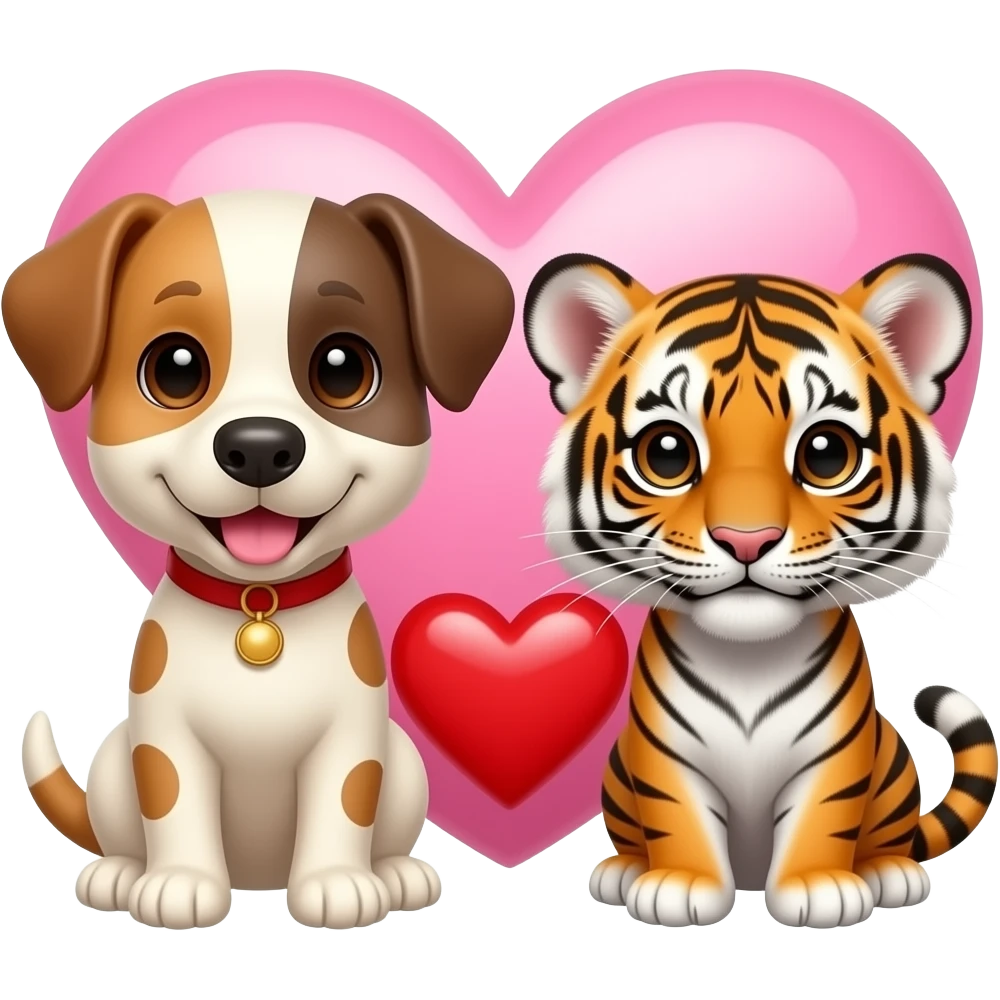 puppy dog and tiger cub with pink and red soulmate love heart in between emoji