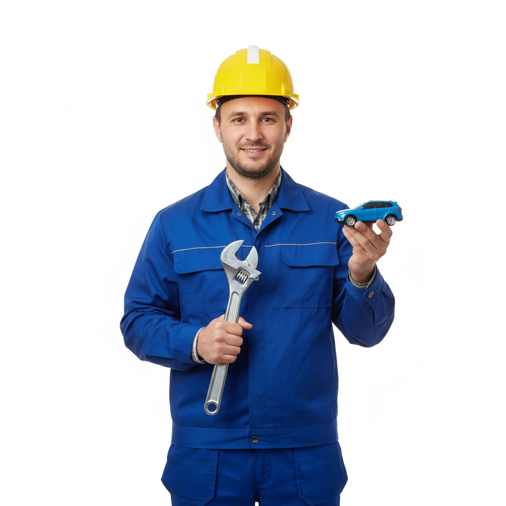 нарисуй узбека в строительной каске с ключом гаечным в одной руке и машинкой игрушечной в другой руке, без фона emoji