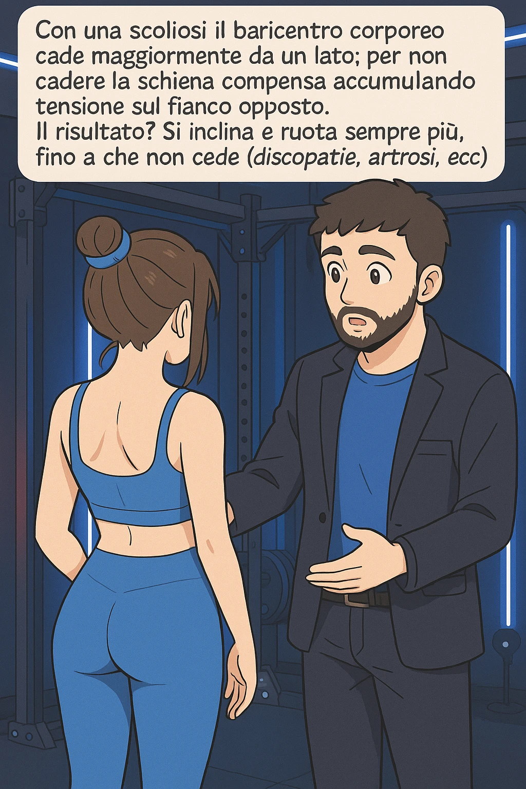 fai questa immagine in versione manga/webtoon a colori con stile di disegno carino e moderno, il manga mostra la donna di spalle, mentre l'uomo le tocca la spina dorsale per spiegarle come funziona la scoliosi:
Con una scoliosi il baricentro corporeo cade maggiormente da un lato; per non cadere la schiena compensa accumulando tensione sul fianco opposto.
Il risultato? Si inclina e ruota sempre più, fino a che non cede (discopatie, artrosi, ecc) emoji