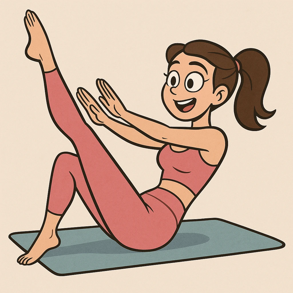 brunette girl in pink leggings and top, pilates exercise, dynamic movement, healthy lifestyle vibe emoji
