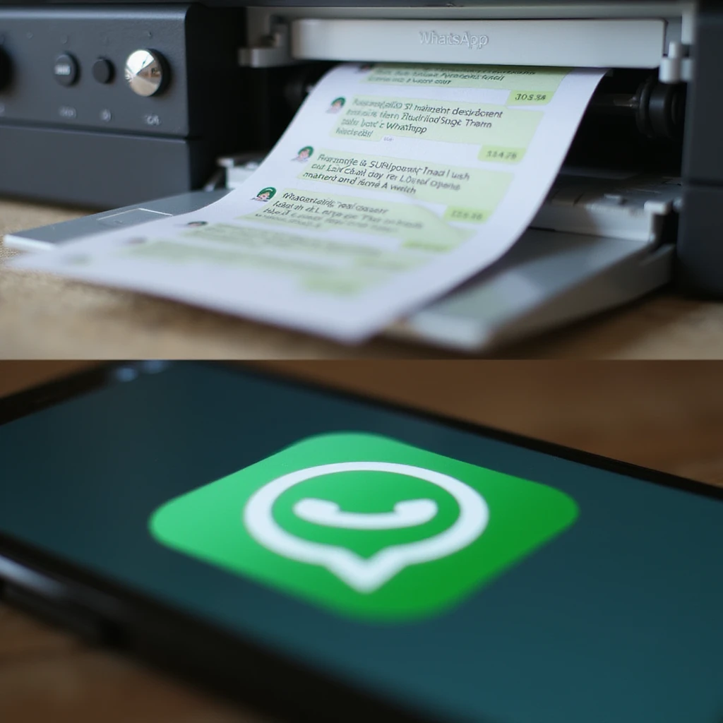 realistic thumbnail for a WhatsApp print out service, with a close-up of a printer printing WhatsApp messages, and a phone with the WhatsApp logo visible emoji