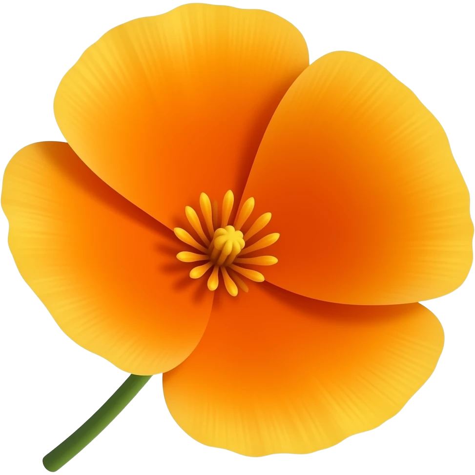 Single California poppy flower, one straight green stem, bright orange petals, golden yellow center, no branches, no extra leaves, simple clean emoji style, flat icon, white background emoji