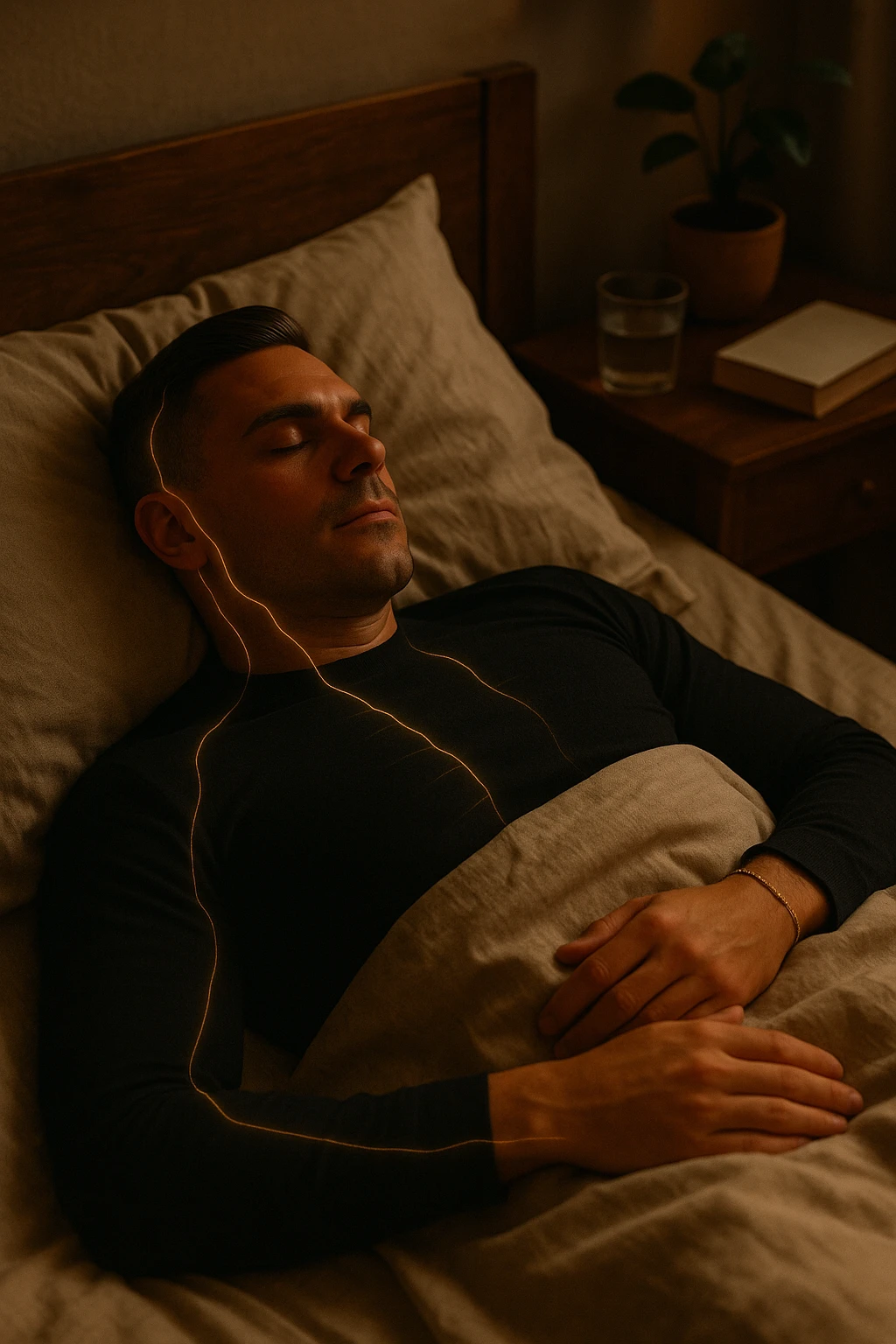 A cinematic close-up of a man in his early 30s sleeping peacefully on his back in a softly lit bedroom. His breathing is calm, chest rising slowly. The sheets are slightly crumpled, natural linen textures in warm beige tones. His face is relaxed, with faint light illuminating the side of his cheek and temple from a nearby window. Around his body, faint glowing lines follow the spine and head, symbolizing deep nervous system recovery and hormonal balance. On the nightstand: a glass of water, a book, and no electronics. The room is quiet and grounded, with natural elements like a small plant and a wooden headboard. Shot in 35mm cinematic style, with warm ambient tones, shallow depth of field, and a peaceful, healing atmosphere emoji
