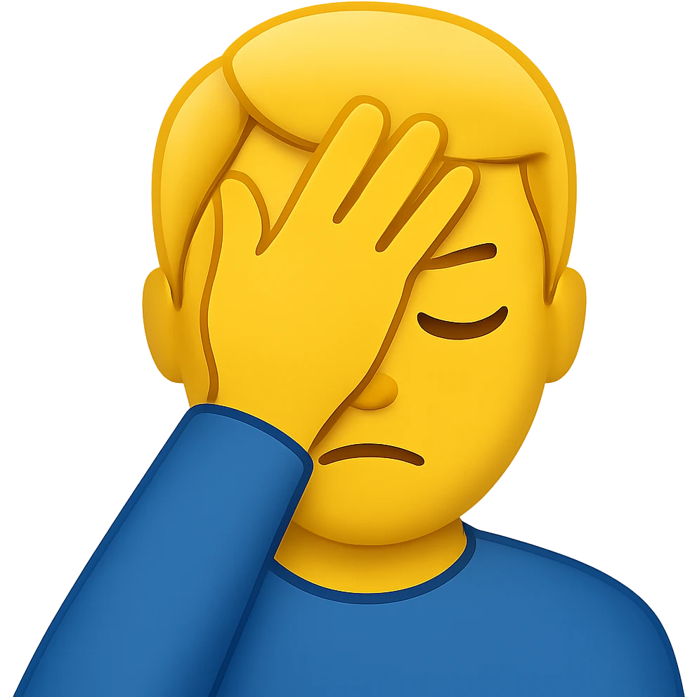 Create a very simple design of a facepalming person with yellow skin. The hand should be clearly hitting the forehead. Keep the background transparent. The style should be clean and minimalistic to emphasize the gesture clearly. emoji