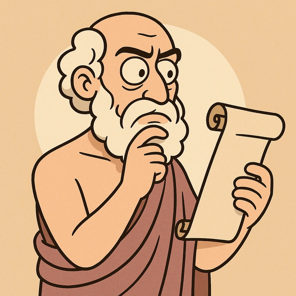 ancient Greek philosopher with thoughtful expression holding a scroll in classic cartoon style emoji