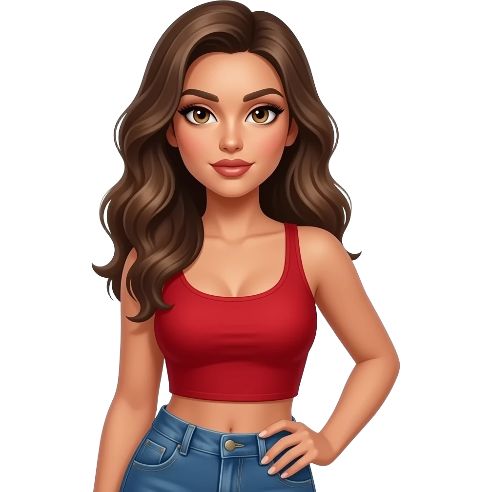 woman with tan glowy skin, hazel eyes almond with long lashes, softly arched brows, full lips, dark blonde flowing hair, delicate feminine sexy features, wearing a red crop top and blue low waist jeans, confident and femenine and glam makeup. Intense seductive look emoji