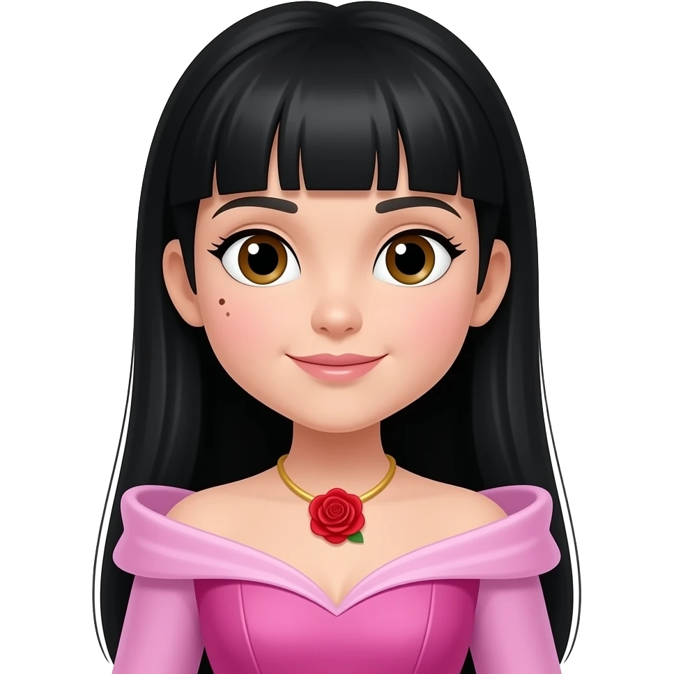 Princess Aurora but the hair is black. Then change the necklace into a red rose necklace the dress should be a pink one like sleeping beauty. Can you straighten the hair. And make the face a little rounder. With a mole on the left cheek near the ear emoji