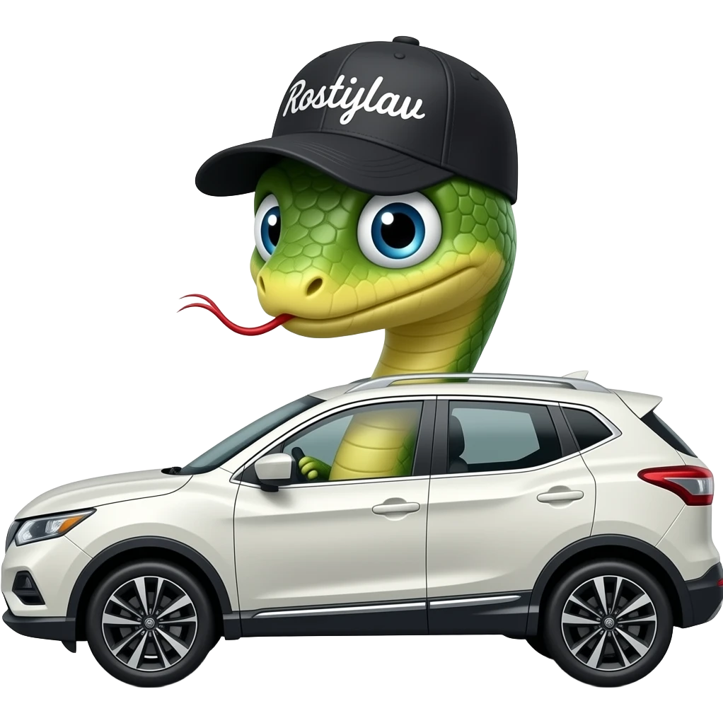 A snake in a cap with the inscription "Rostislav" is driving a Nissan Qashqai. emoji