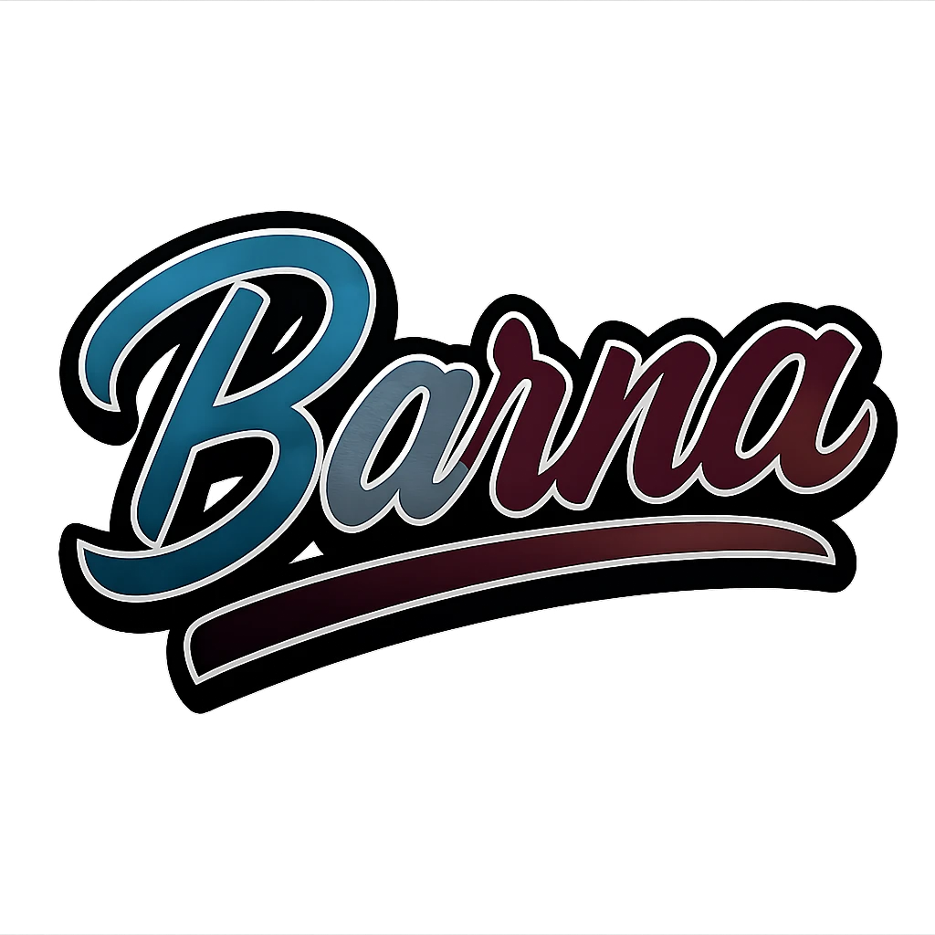 Text image of the name 'Barna' in a modern, dynamic font with masculine gradient colors including blue, green, gray, dark burgundy, brown, and dark blue shades. The text has a thin white outline, a dark outer contour, and an underline. The style is inspired by the Péter sample image. Size 1000x1000 px, PNG format, transparent background. emoji