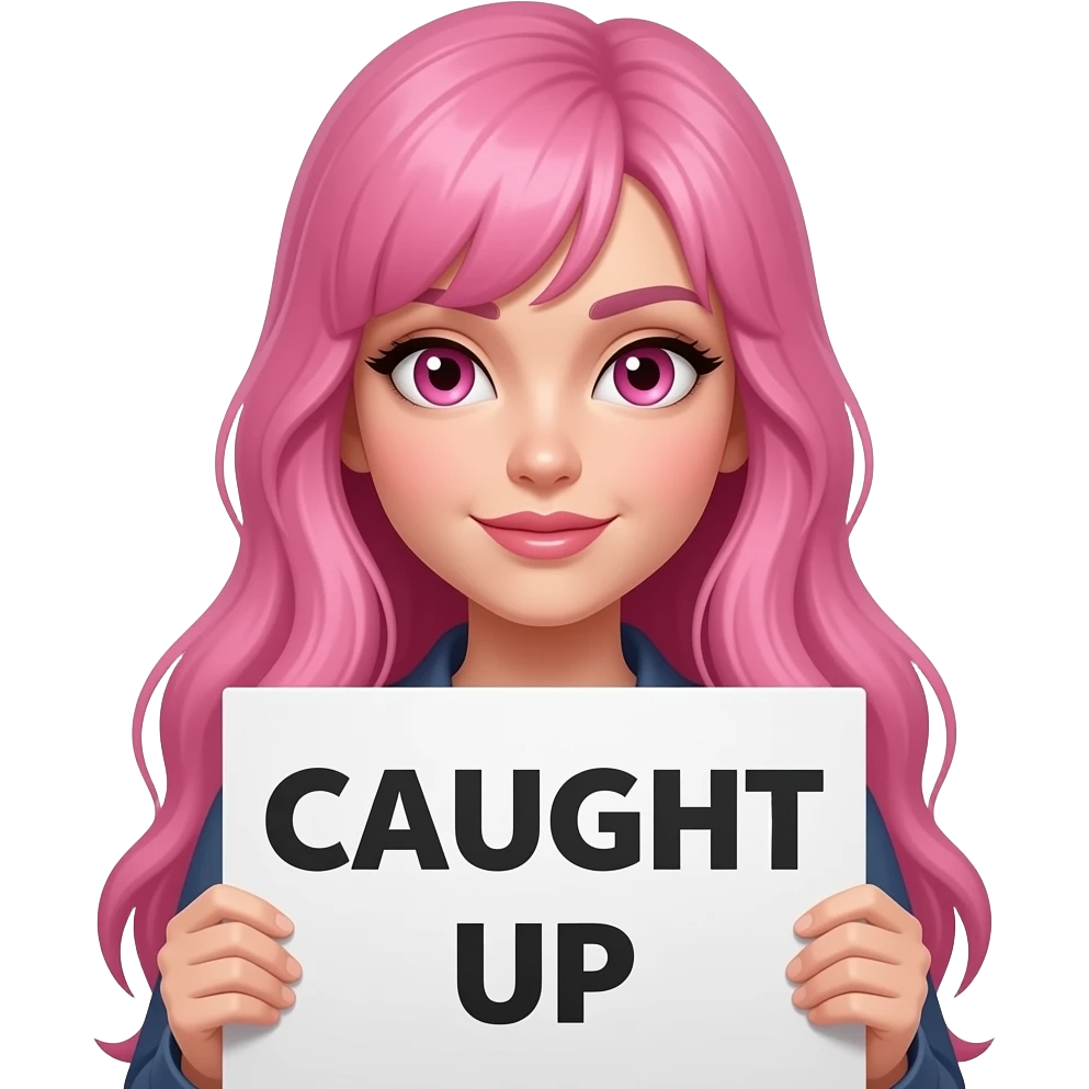 sexy girl with long pink hair and pink eyes wearing a holding a CAUGHT UP sign emoji