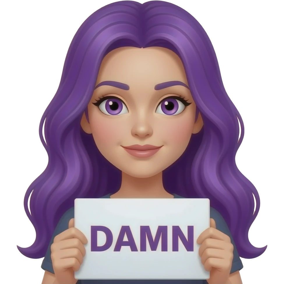 sexy girl with long purple hair and purple eyes holding a DAMN sign emoji