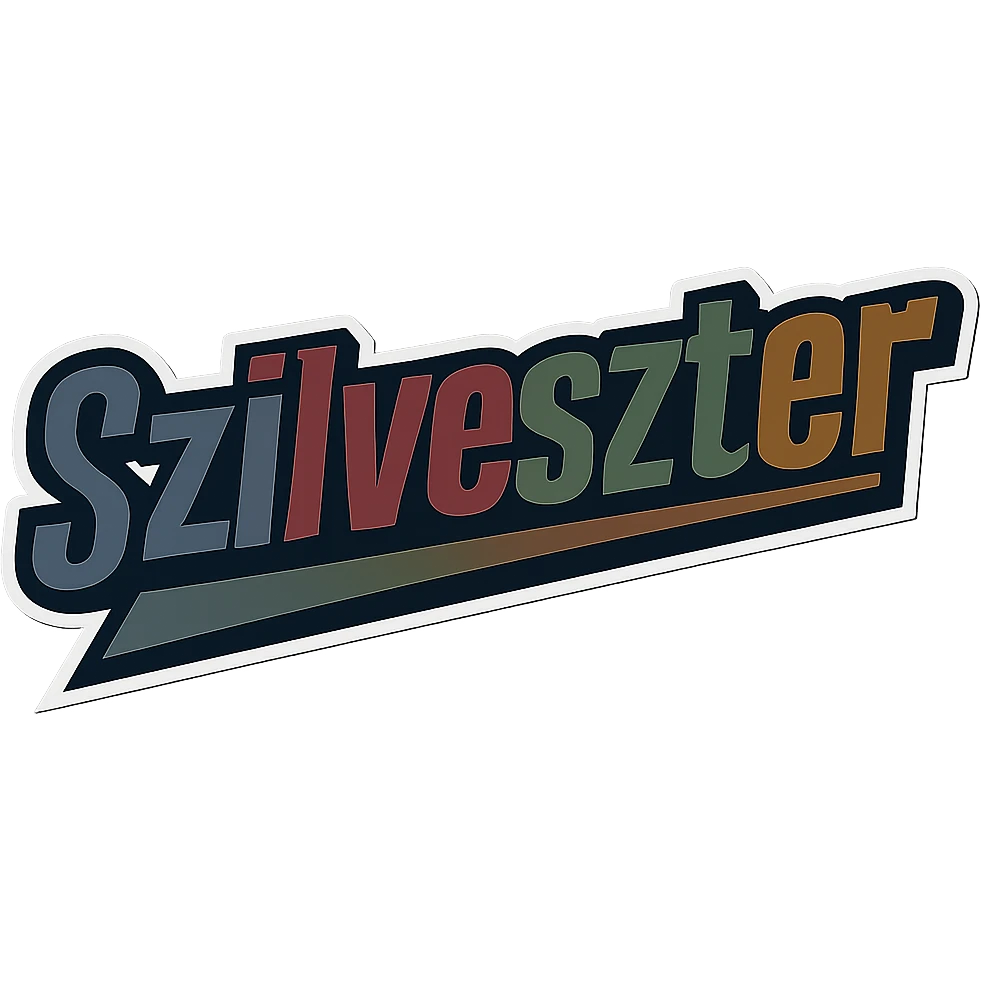 Text image of the name 'Szilveszter' in a masculine, modern, gradient font with precise Hungarian characters, dark contour, extra thick, prominent white border as in sample images, dynamic slanted underline, masculine color shades (blue, gray, burgundy, green, brown), 1000x1000 px, PNG, transparent background. emoji