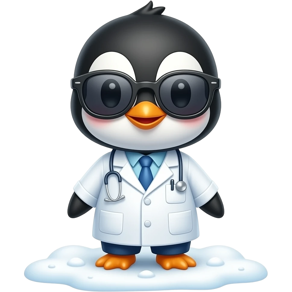 Cute chibi penguin wearing a white lab coat with shades on, smiling emoji