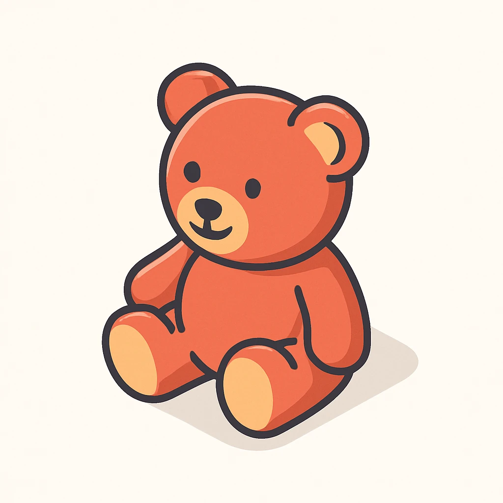 friendly cartoon icon style teddy bear sitting pose rounded and minimal features isometric top-side angle clean white background emoji