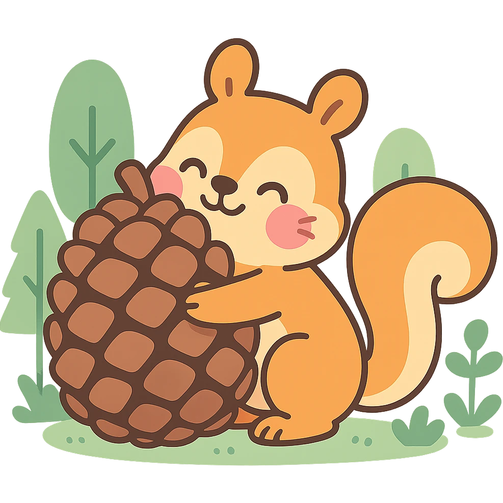 squirrel hugging a giant pine cone, forest kawaii illustration, pastel-toon style emoji